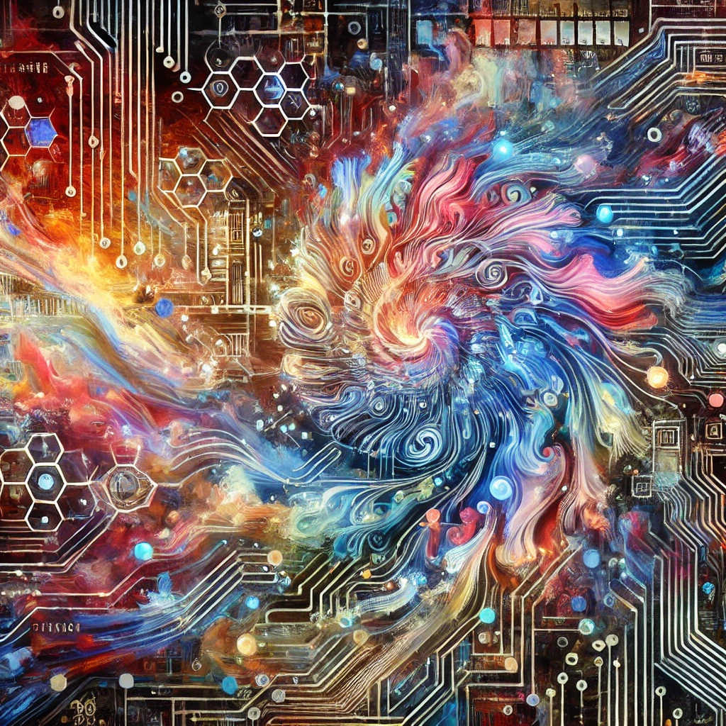 A vibrant, abstract digital artwork blending swirling colors, circuitry patterns, and organic brushstrokes, symbolizing the fusion of AI and human creativity.